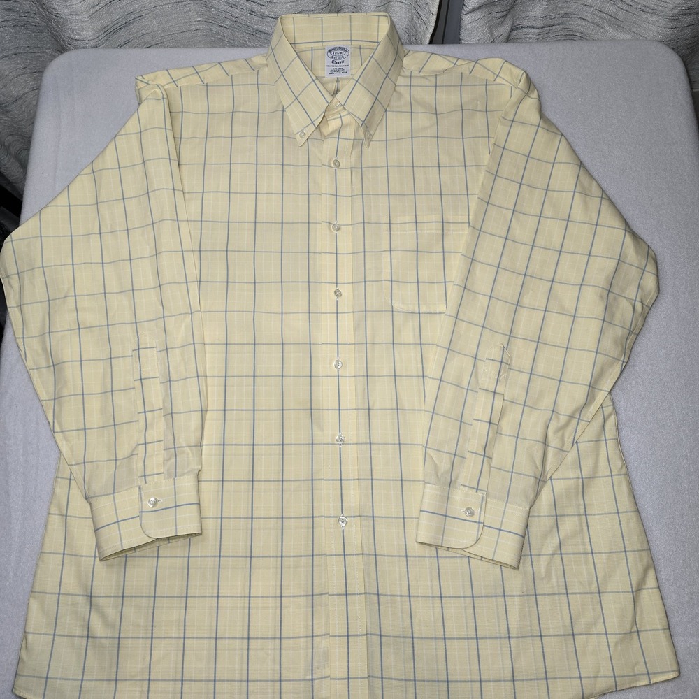 Brooks‎ Brothers Men's Yellow And Blue Windowpane Plaid 17.5-33 Supima Cotton LS